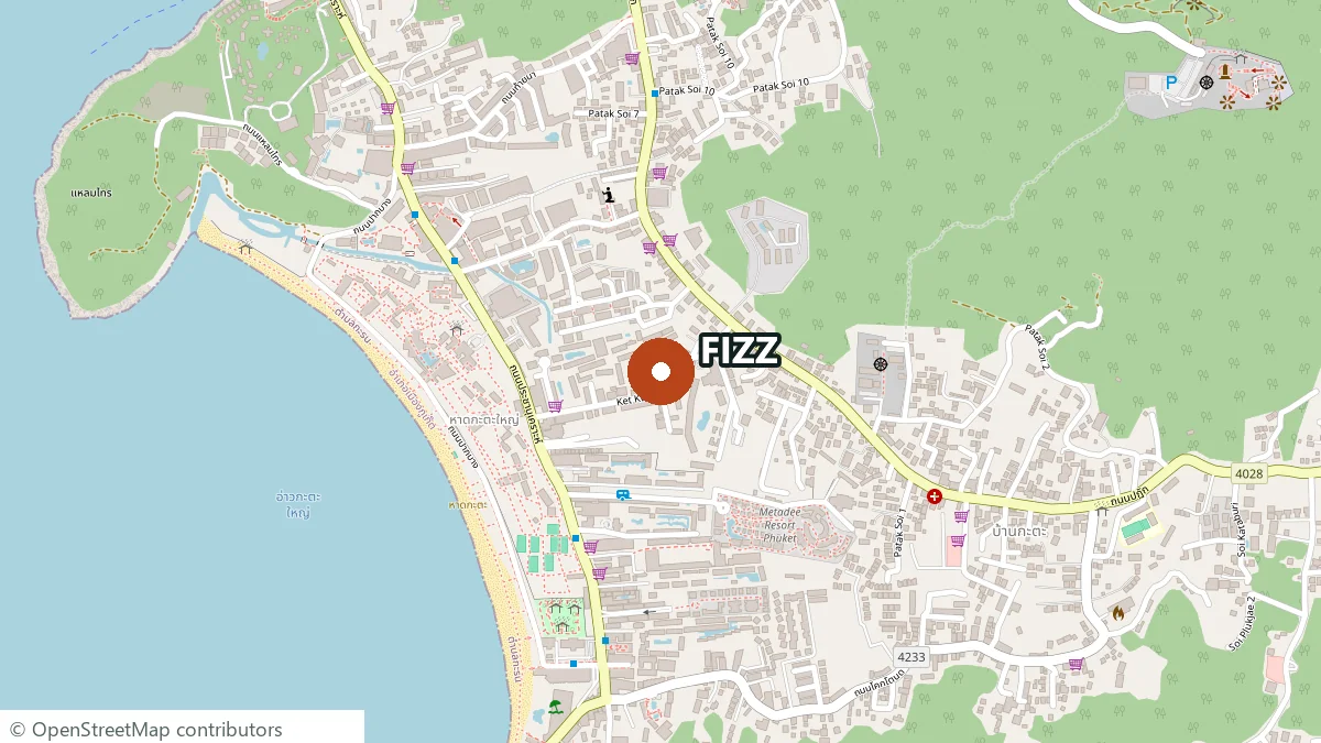 OpenStreetMap of Kata: the beach to the west, the village grid behind it, the FIZZ point on Patak Road