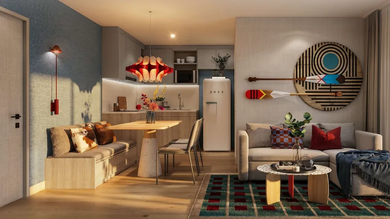 Квартира 1 Bedroom Plus, 45 м²: гостиная и кухня · Rhom Bho Property, визуализация застройщика