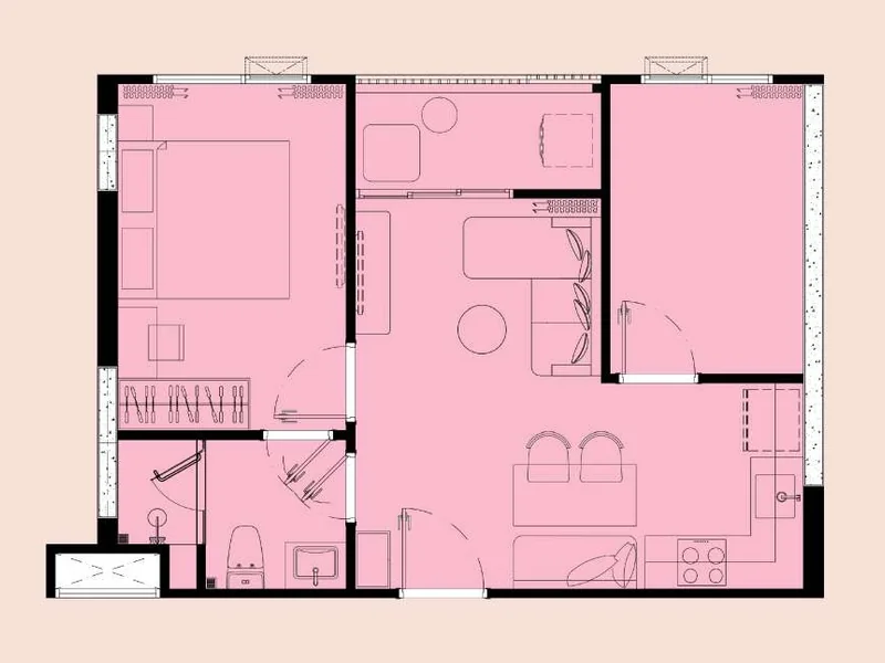 1 Bedroom Plus 户型图,44.3 m²,The Title FIZZ 卡塔