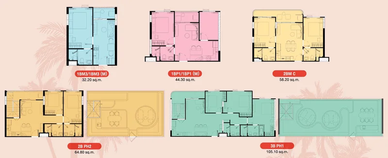 Планировки пяти типов квартир The Title FIZZ: 1 Bedroom, 1 Bedroom Plus, 2 Bedroom и два пентхауса с террасами на крыше · Rhom Bho Property, план застройщика